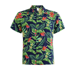 N90-AR23154/N90-TR23154 (Navy With Green Leaf), Men (92% polyester + 8% spandex) Aloha Shirt/Shorts/Set