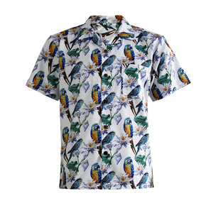 N90-AR23983/N90-TR23983 (White With Blue Bird), Men (92% polyester + 8% spandex)  Aloha Shirt/Shorts/Set