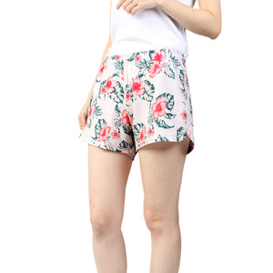 N91-CW9754 (Offwhite with pink hibiscus),  Ladies 4-way stretch comfort waist shorts