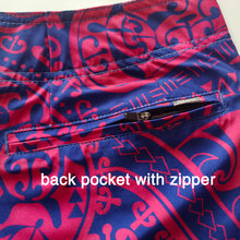 Load image into Gallery viewer, N90-B2213 (Navy with purple turtle tribal), Men Microfiber Boardshort (4 - way stretch) - Size 34‘ outseam is 22 inch.