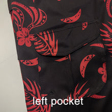 Load image into Gallery viewer, N90-B2104 (Black with red tribal), Men Microfiber Boardshort (4 - way stretch) - three pockets - Size 34‘ outseam is 22 inch.
