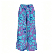 Load image into Gallery viewer, N91-P25322 (Purple Hibiscus), Ladies Crepe 100% Polyester Palazzo Pants with Smock Waist
