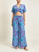 Load image into Gallery viewer, N91-P25322 (Purple Hibiscus), Ladies Crepe 100% Polyester Palazzo Pants with Smock Waist