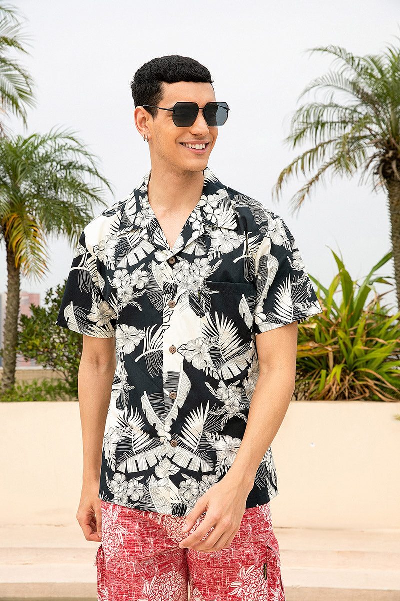 C90-A507 (Black with cream floral), Men 100% Cotton Aloha Shirt