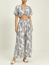 Load image into Gallery viewer, N91-P2590 (White Leaf), Ladies Crepe 100% Polyester Palazzo Pants with Smock Waist