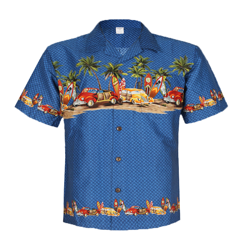 C90-A2224 (Sky blue vintage car), Men 100% Cotton Aloha Shirt