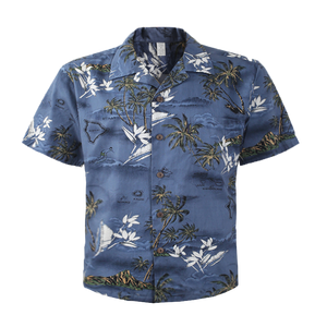 C90-A460 (Blue surf), Men 100% Cotton Aloha Shirt