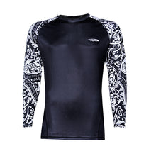 Load image into Gallery viewer, N90-RG2209S (white with black turtle tribal+black), Men UPF 50+ Sun Protection Outdoor Lightweight Long Sleeve Rash Guard Outdoor Surfing Shirt