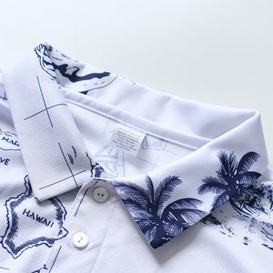 N90-P290 (White map), Men Microfiber Breathable Knitted Aloha Polo Shirt