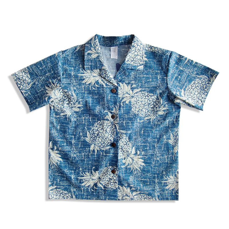 C50-A527 (Vintage blue pineapple), Boys Cotton Aloha shirt