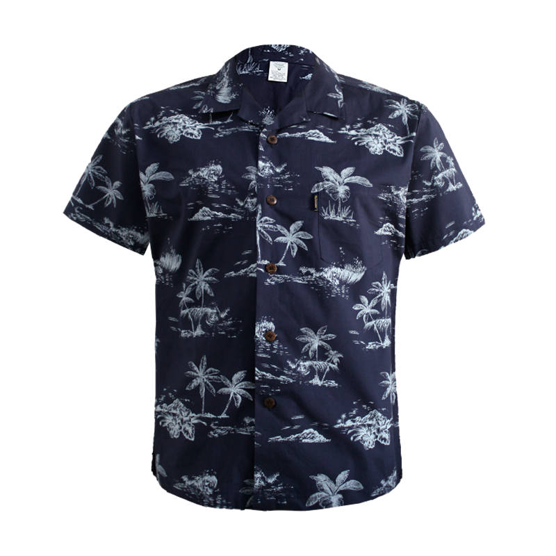 C90-A719 (Vintage navy tree), Men 100% Cotton Aloha Shirt