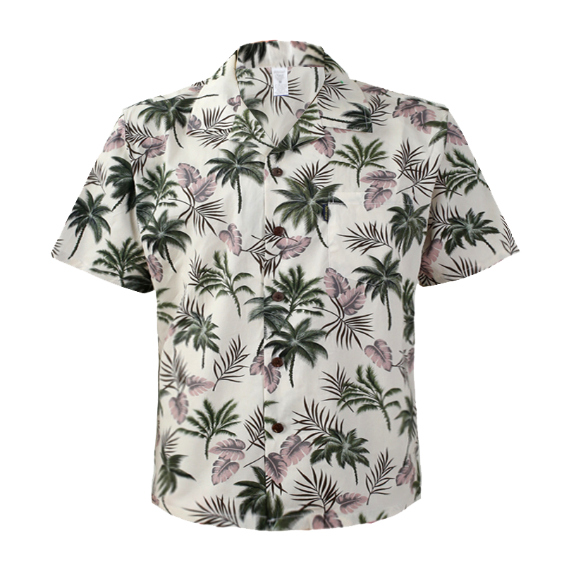 C90-A885 (Off white floral), Men 100% Cotton Aloha Shirt