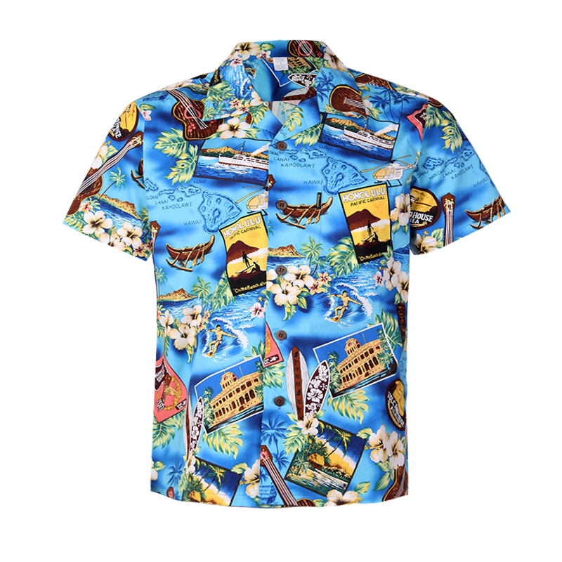 C90-A9257 (Blue paradise), Men 100% Cotton Aloha Shirt