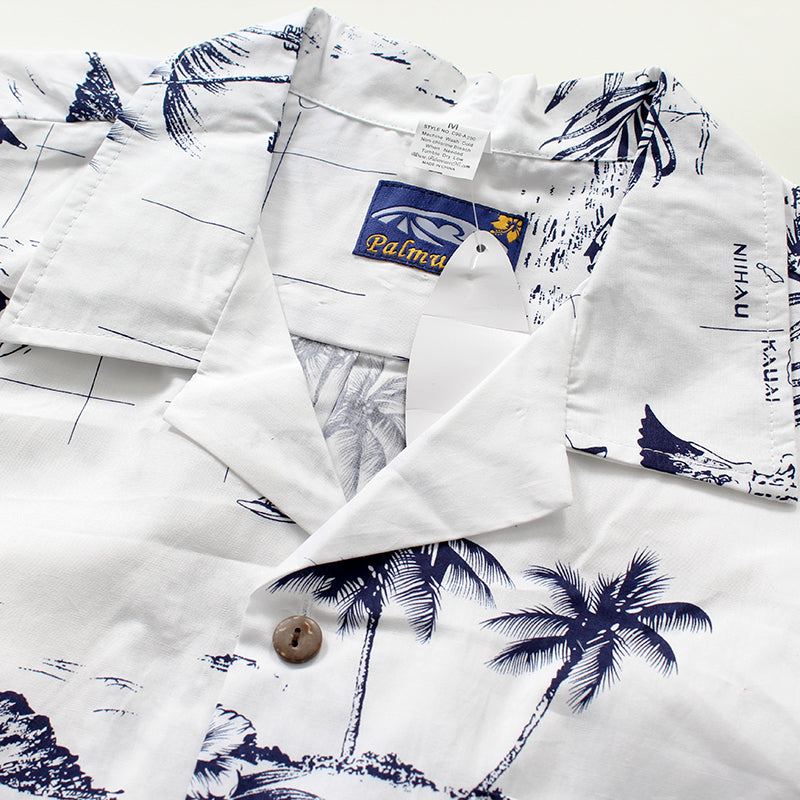 C90-A290 (White map), Men 100% Cotton Aloha Shirt-Hawaiian style