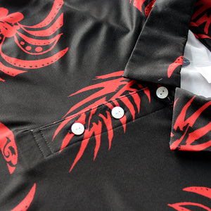 N90-P2104 (Black with red Tribal), Men Microfiber Breathable Knitted Aloha Polo Shirt