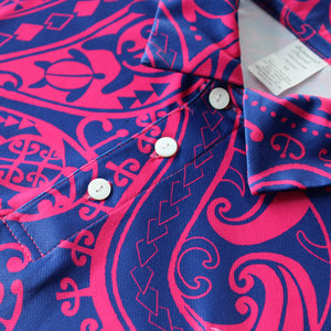 N90-P2213 (Navy with purple turtle tribal), Men Microfiber Breathable Knitted Aloha Polo Shirt