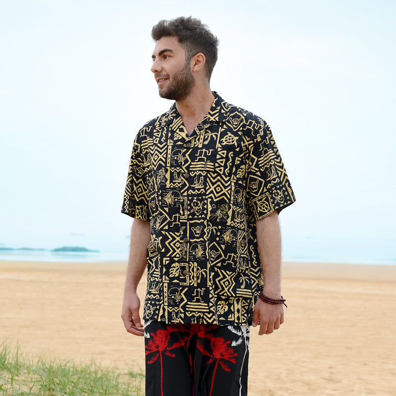 C90-A510B (Black Hawaiian), Men 100% Cotton Aloha Shirt – Yuntech