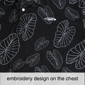 N90-P2209K (Black with white Kalo leaf), Men Microfiber Breathable Knitted Aloha Polo Shirt