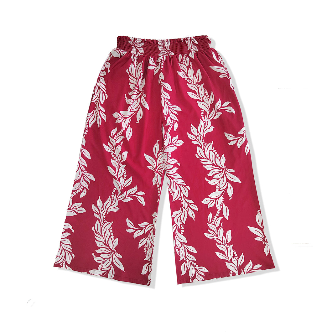 N91-P2449ML (Red Maile Lei), Ladies 4-way stretch Palazzo Pants with Smock Waist