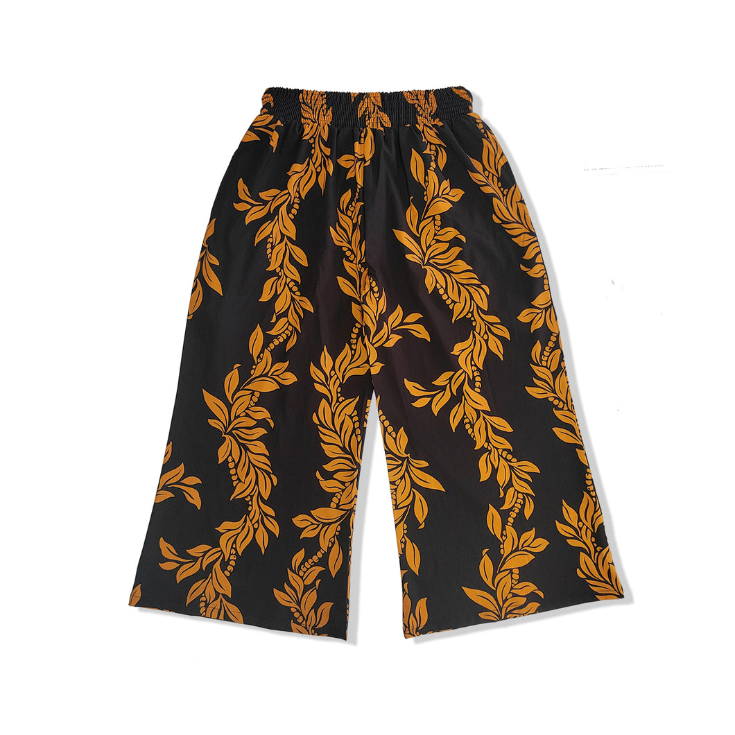 N91-P2508ML (Black Maile Lei), Ladies 4-way stretch Palazzo Pants with Smock Waist