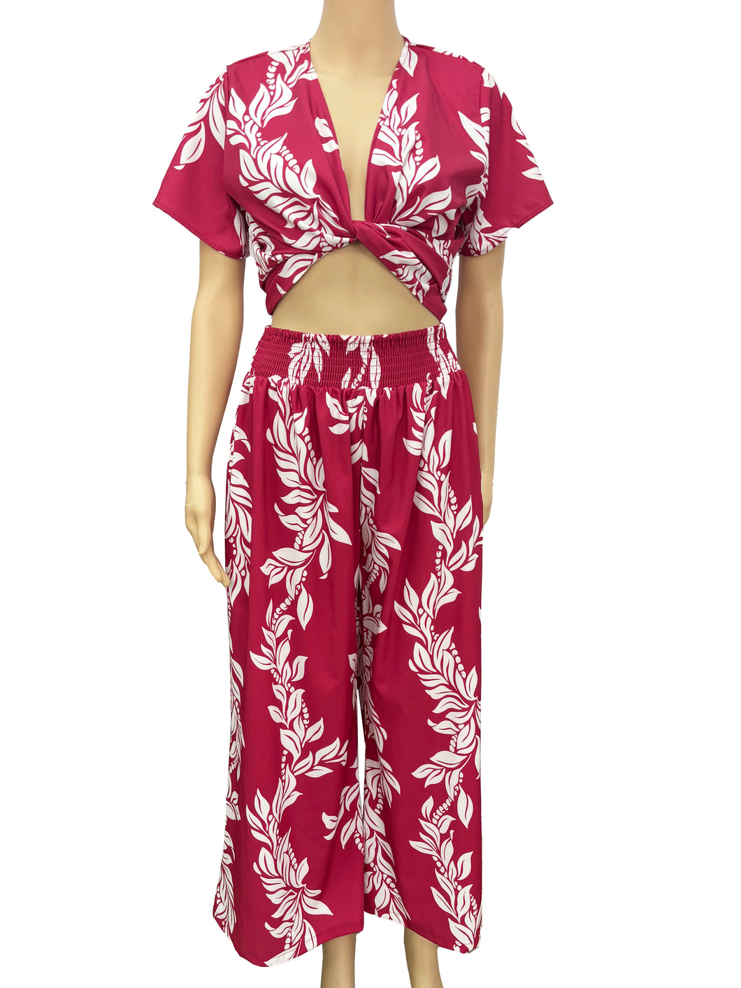 N91-TVNT2449ML (Red Maile Lei), Ladies 4-way stretch Twist-V-Neck matching Top