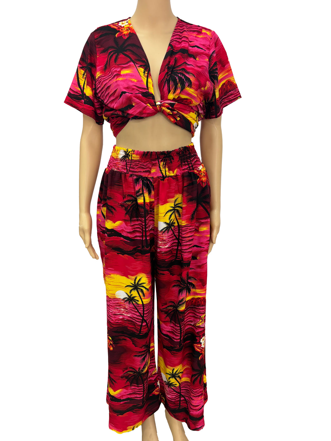 R91-TVNT066 (Red scenery), Ladies Rayon Twist-V-Neck matching Top