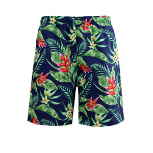 N90-AR23154/N90-TR23154 (Navy With Green Leaf), Men (92% polyester + 8% spandex) Aloha Shirt/Shorts/Set