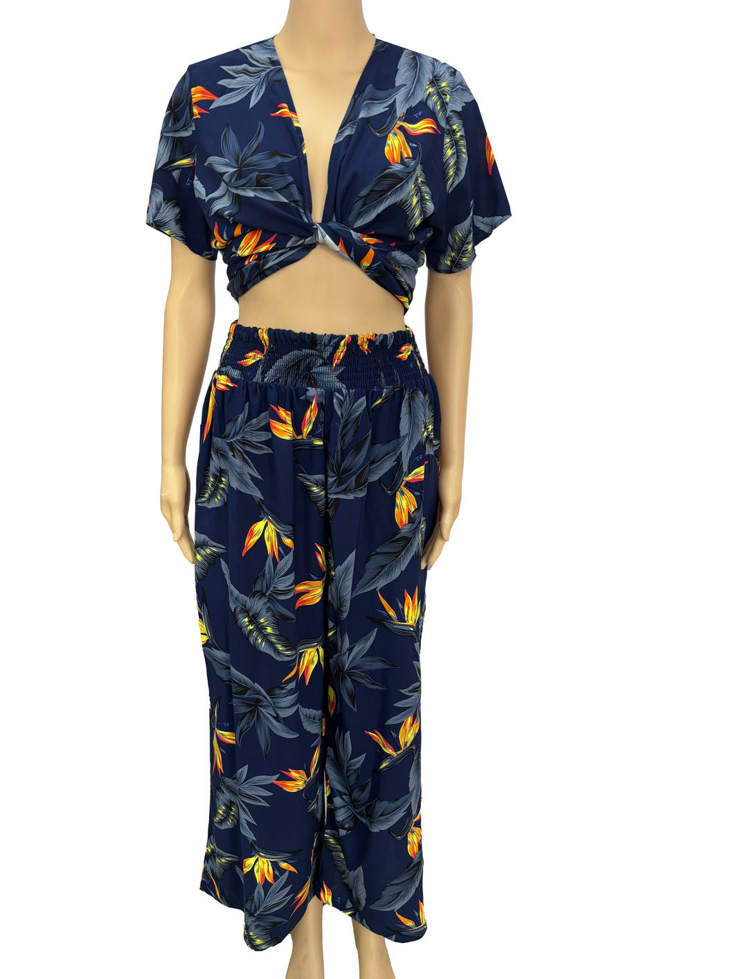 R91-TVNT5124(Navy bird of paradise), Ladies 4-way stretch Twist-V-Neck matching Top