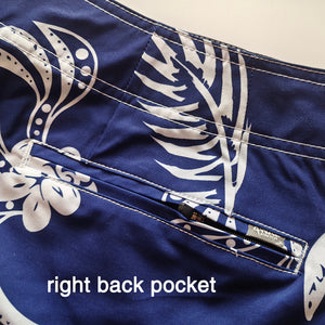 N90-B2119 (Navy with white tribal), Men Microfiber Boardshort (4 - way stretch) - three pockets - outseam is 20 inch in size 34