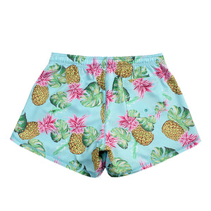 N91-CW9584 (Green with yellow pineapple),  Ladies 4-way stretch comfort waist shorts