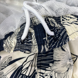 N90-T517 (Navy with cream floral), Men Cotton Swimtrunk