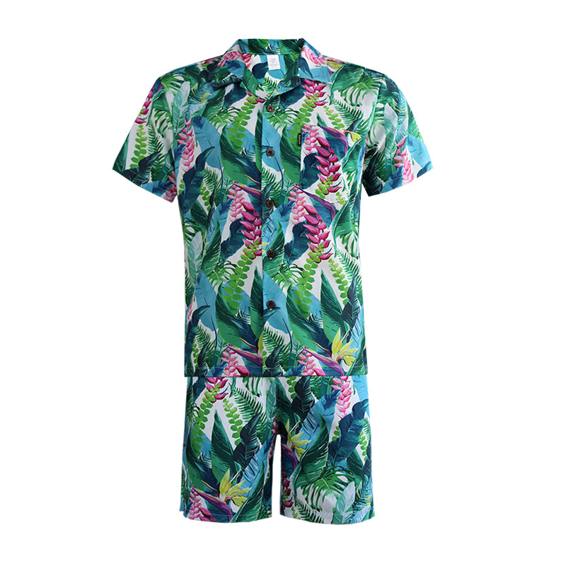 N90-AR23554/N90-TR23554 (Green With Paradise Bird), Men (92% polyester + 8% spandex) Aloha Shirt/Shorts/Set