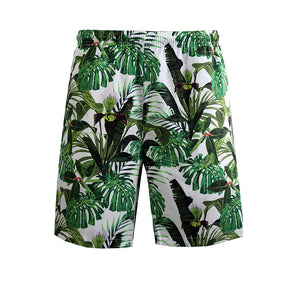 N90-AR23958/N90-TR23958 (White With Green Leaf), Men (92% polyester + 8% spandex)  Aloha Shirt/Shorts/Set