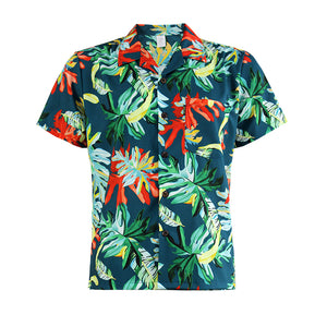 N90-AR23588/N90-TR23588 (Green With Orange Leaf), Men (92% polyester + 8% spandex) Aloha Shirt/Shorts/Set