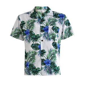 N90-AR23951/N90-TR23951 (White With Blue/Green Floral), Men (92% polyester + 8% spandex)  Aloha Shirt/Shorts/Set