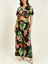 Load image into Gallery viewer, N91-TVNT25058 (Black Hawaiian Garden), Ladies Crepe 100% Polyester Twist-V-Neck matching Top
