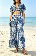 Load image into Gallery viewer, N91-P2627 (Denim blue floral), Ladies Crepe 100% Polyester Palazzo Pants with Smock Waist
