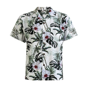 N90-AR23964/N90-TR23964 (Leaf/Tree-White), Men (92% polyester + 8% spandex) Aloha Shirt/Shorts/Set