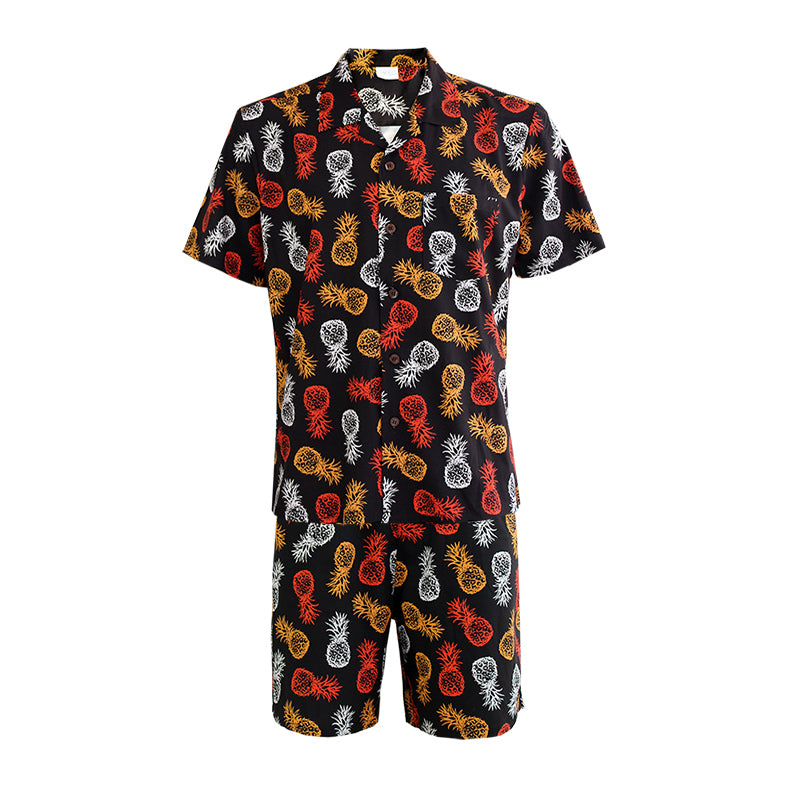 N90-AR23098/N90-TR23098 (Black/Red/White Pineapple), Men (92% polyester + 8% spandex) Aloha Shirt/Shorts/Set