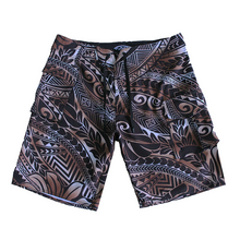 Load image into Gallery viewer, N90-B2407G (Brown tribal), Men Microfiber Boardshort (4 - way stretch) - Size 34‘ outseam is 22 inch.
