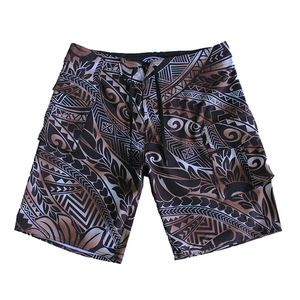 N90-B2407G (Brown tribal), Men Microfiber Boardshort (4 - way stretch) - Size 34‘ outseam is 22 inch.