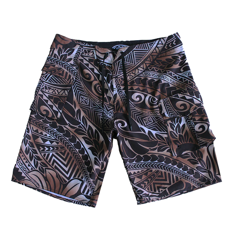N90-B2407G (Brown tribal), Men Microfiber Boardshort (4 - way stretch) - Size 34‘ outseam is 22 inch.