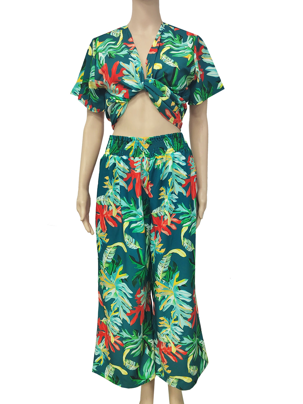 N91-TVNT23588 (Green With Orange Leaf), Ladies 4-way stretch Twist-V-Neck matching Top