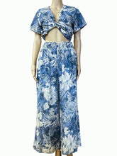 Load image into Gallery viewer, N91-TVNT2627 (denim blue floral design), Ladies  Crepe 100% Polyester Twist-V-Neck matching Top (Copy)
