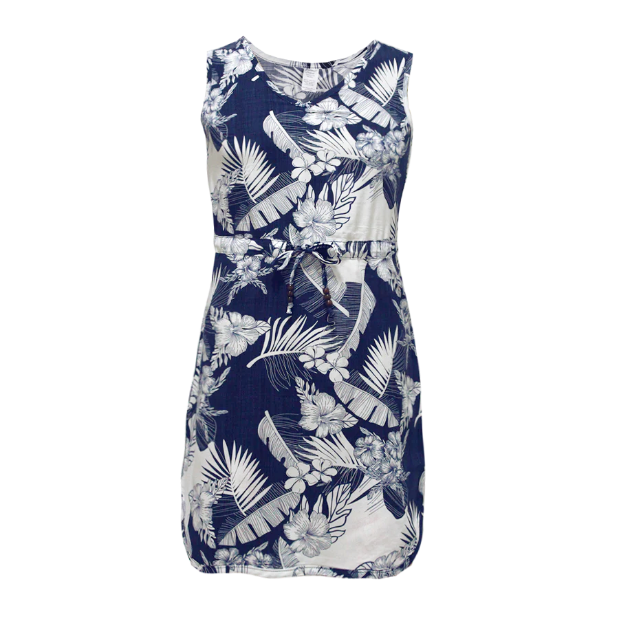 R91-D517 (Navy with cream floral), Ladies Aloha Dress 100% Rayon