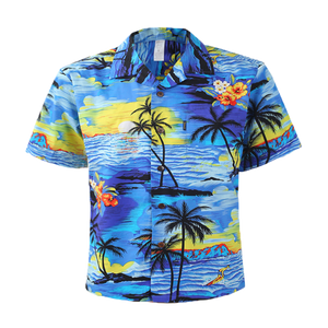 C90-A064 (Blue scenery), Men 100% Cotton Aloha Shirt
