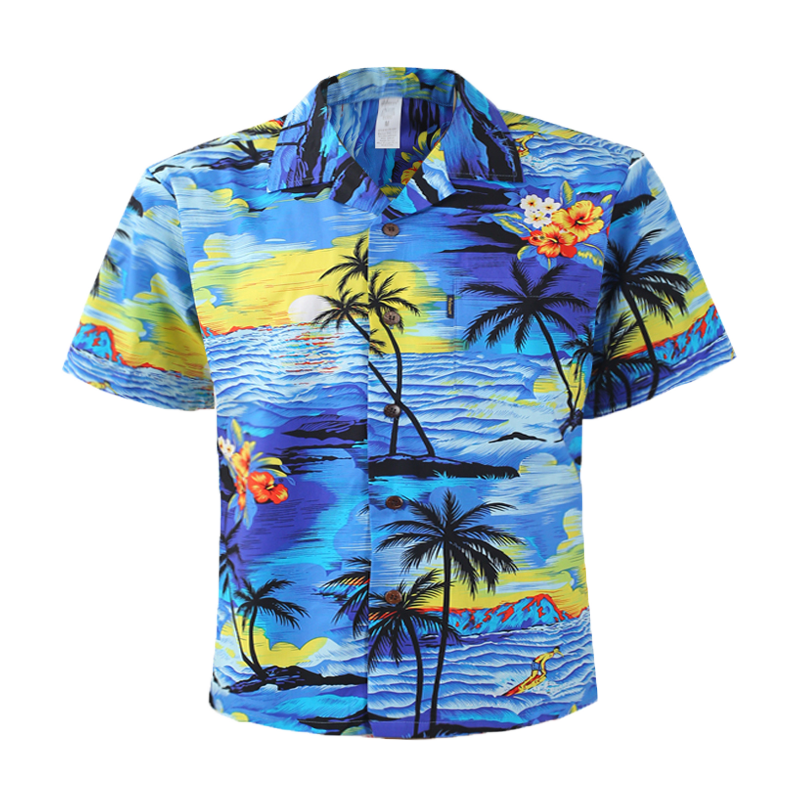 C90-A064 (Blue scenery), Men 100% Cotton Aloha Shirt