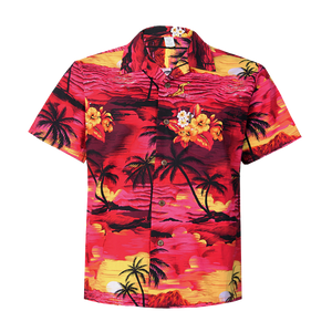 C90-A066 (Red scenery), Men 100% Cotton Aloha Shirt