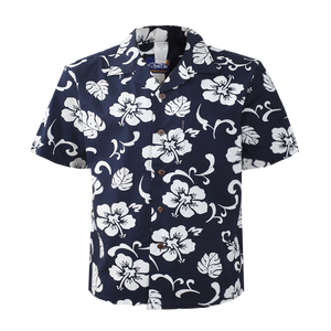 C90-A110N (Navy hibiscus)，Men 100% Cotton Aloha Shirt
