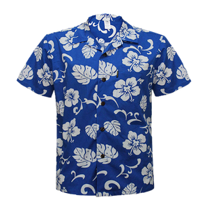 C90-A120 (Royal blue hibiscus), Men 100% Cotton Aloha Shirt